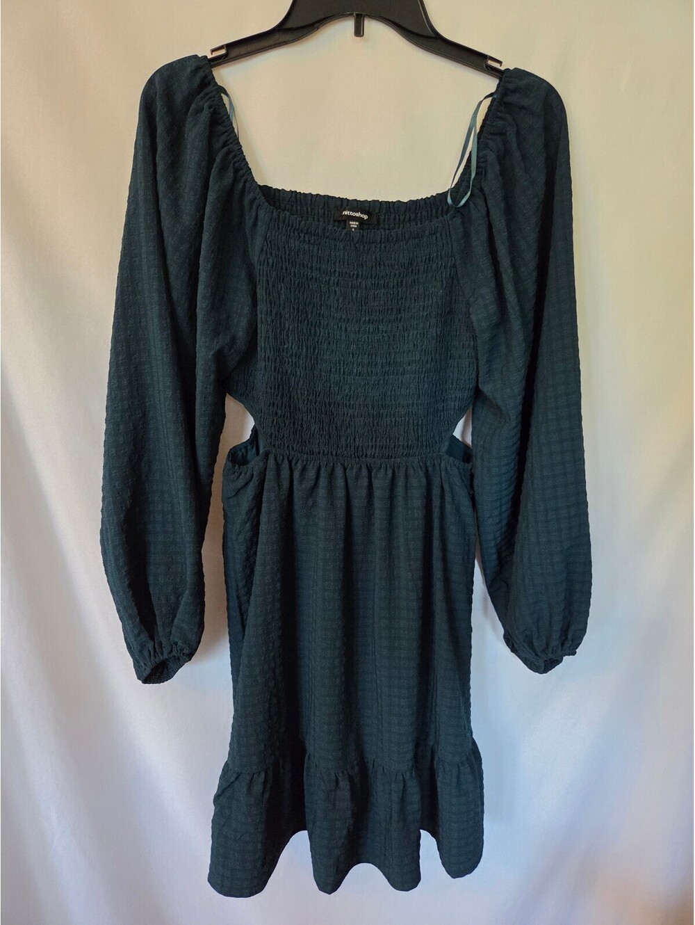 Mittoshop Green Smocked Mini Dress S Puff Sleeve Cutout Cottagecore Boho
